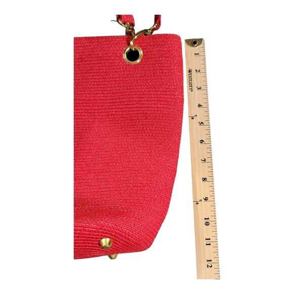 Red Woven Structured Handbag Gold Tone Hardware Top Handle Tote Studded Purse - Picture 8 of 12